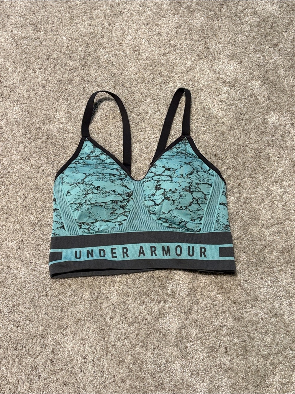 Under Armour Teal Marble-Print Longline Sports Bra with Black Trim